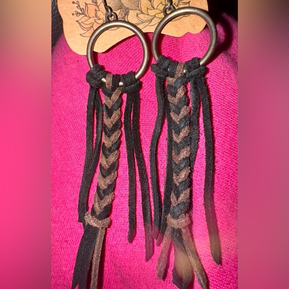 Justin Boots Braided Leather Hoop Earrings - Black and Brown - Picture 4 of 5
